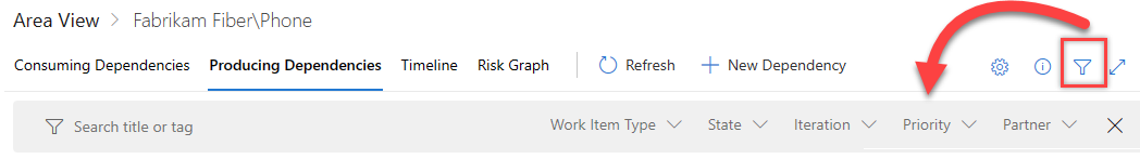 Screenshot che mostra le opzioni di filtro di Rilevamento dipendenze.