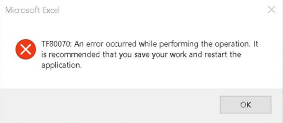 Screenshot che mostra il messaggio di errore per TF80070.