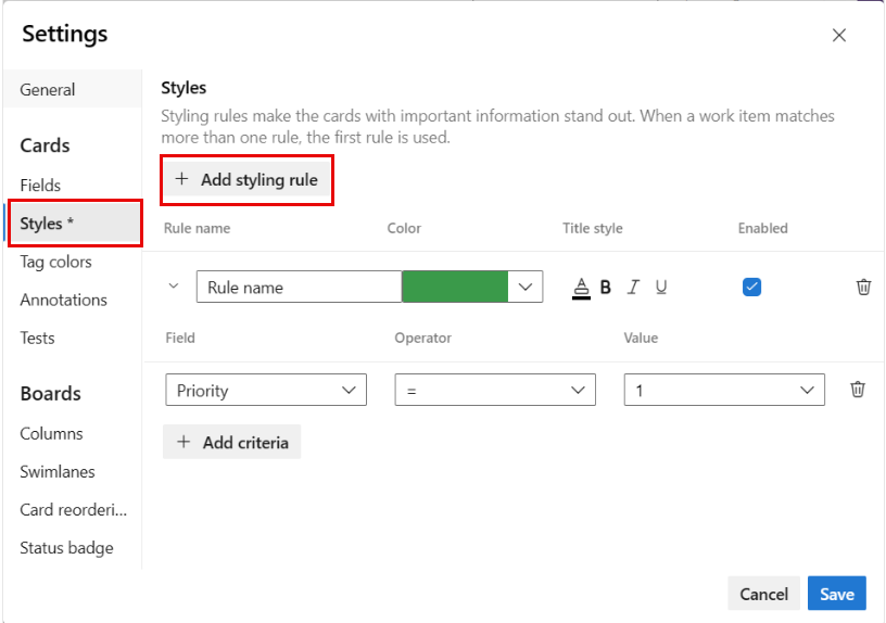 Screenshot della finestra di dialogo Impostazioni, scheda Stili con una regola di priorità.
