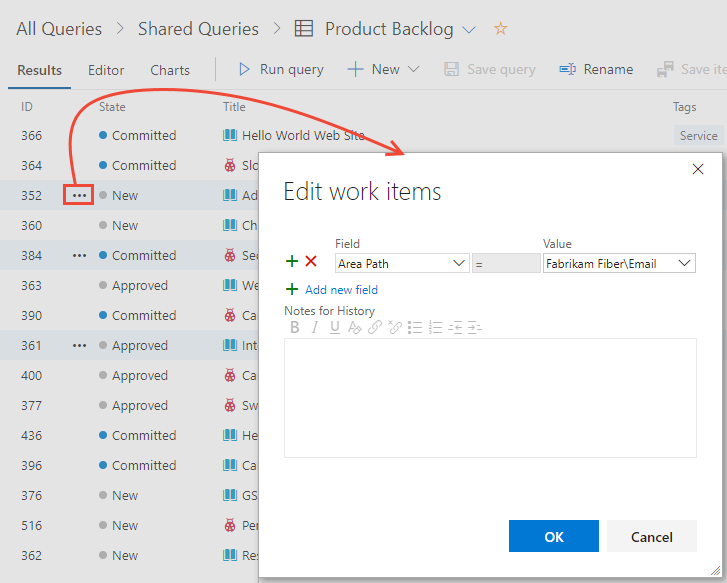 Screenshot del portale Web, pagina Query, modifica in blocco elementi di lavoro selezionati.