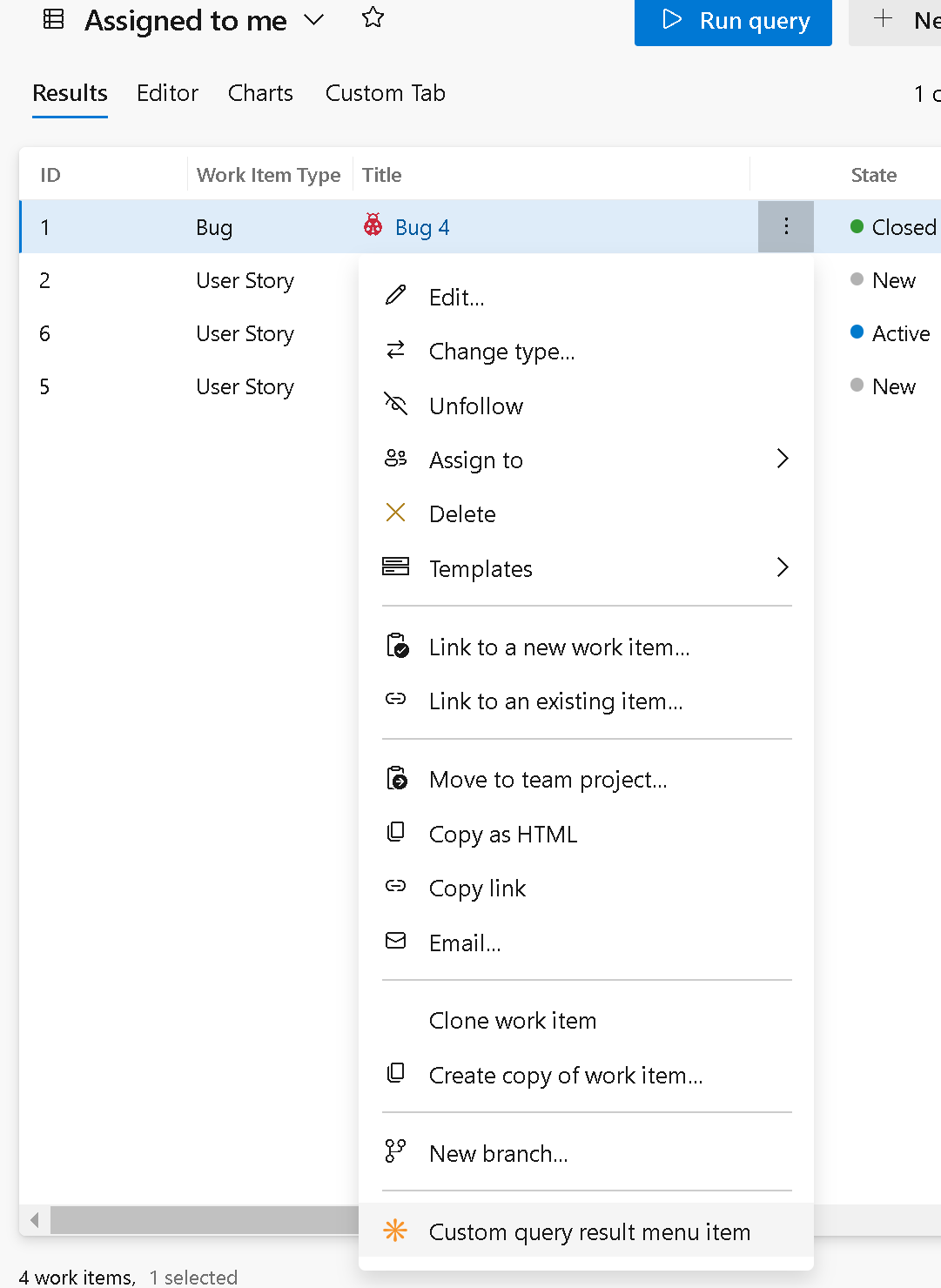 Screenshot dell'azione personalizzata nel menu Risultati della query.