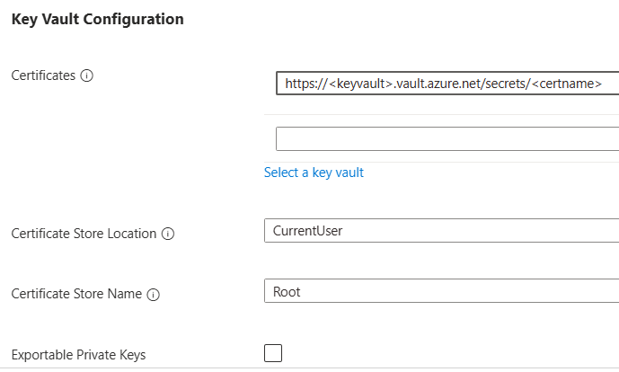 Screenshot che mostra come configurare i certificati del Key Vault.