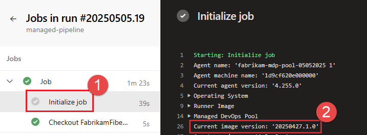 Screenshot della versione dell'immagine di esecuzione della pipeline.