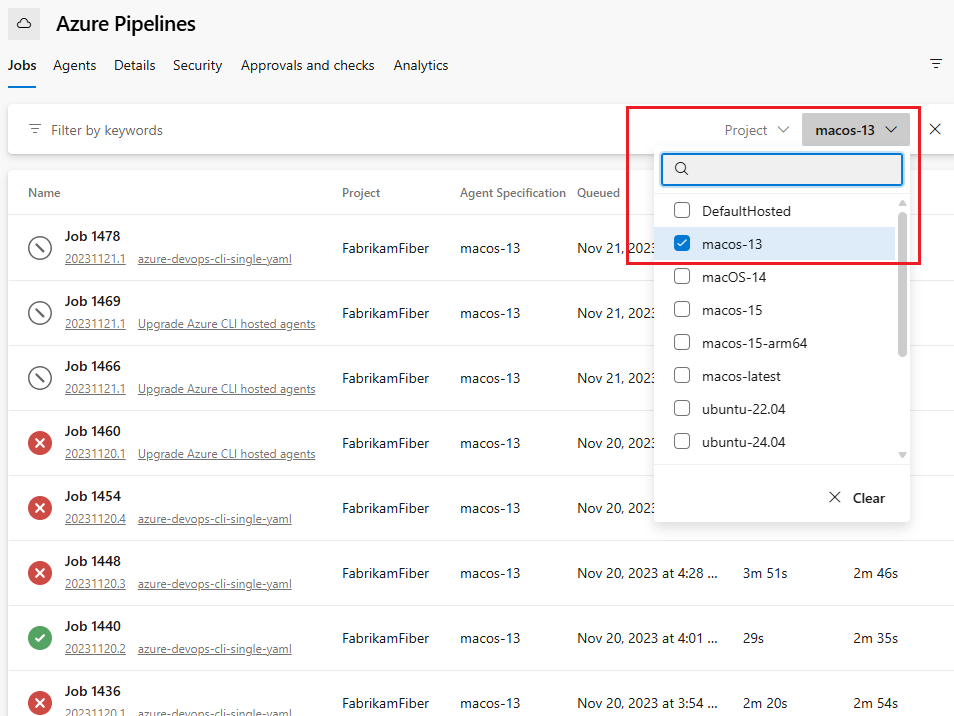 Screenshot del filtro delle pipeline in base al nome dell'immagine.