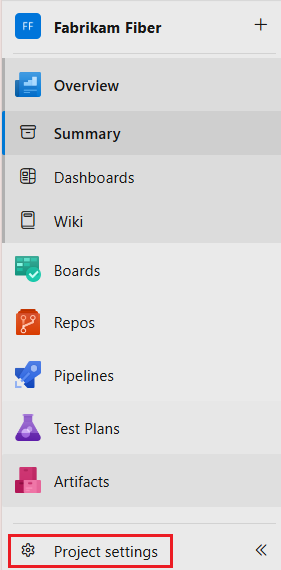 Screenshot che mostra come passare alle impostazioni del progetto e alle connessioni al servizio in Azure DevOps.