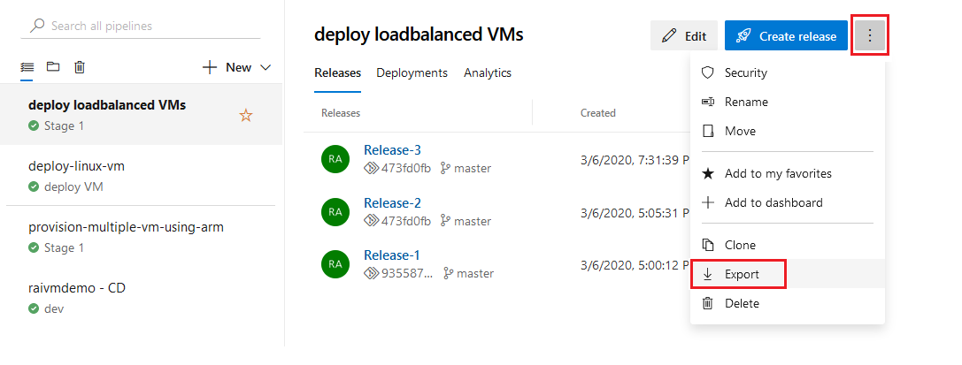 Screenshot che mostra export release pipeline (Esporta pipeline di versione).