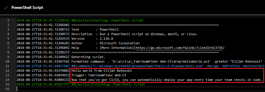 Log finale della fase dello script di rilascio - DevOps 2019 e 2020