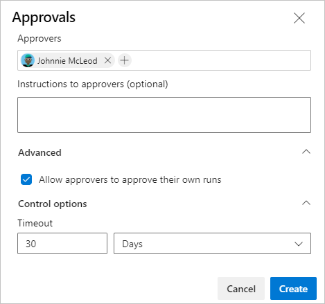 Screenshot del controllo configurato e del pulsante Crea.