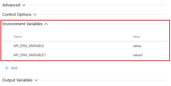 Screenshot che mostra le Variabili di ambiente del task.
