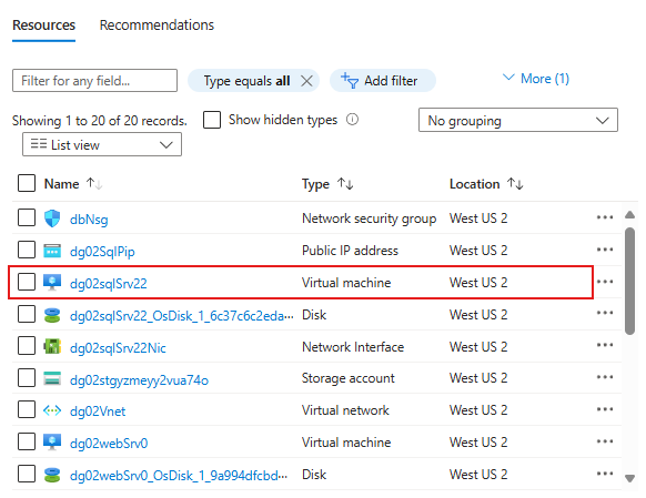 Screenshot che mostra le risorse appena create in Azure.