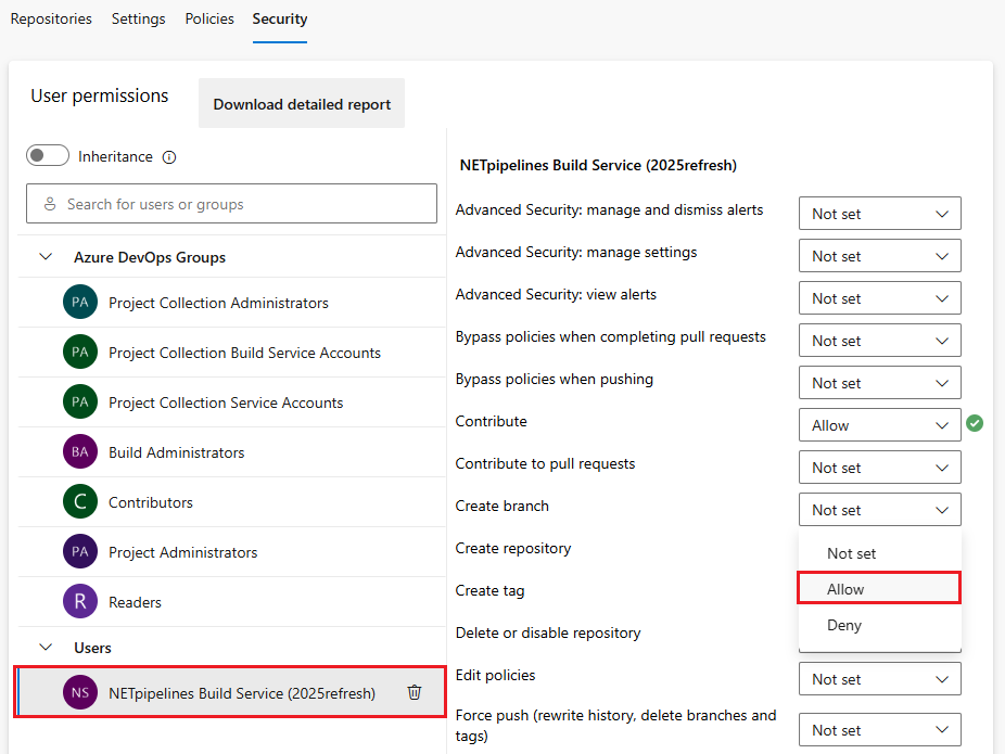 Screenshot che mostra la concessione delle autorizzazioni di identità ai repository. 