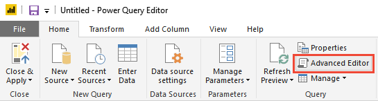 Screenshot della barra multifunzione di Power BI. L'editor avanzato è evidenziato.