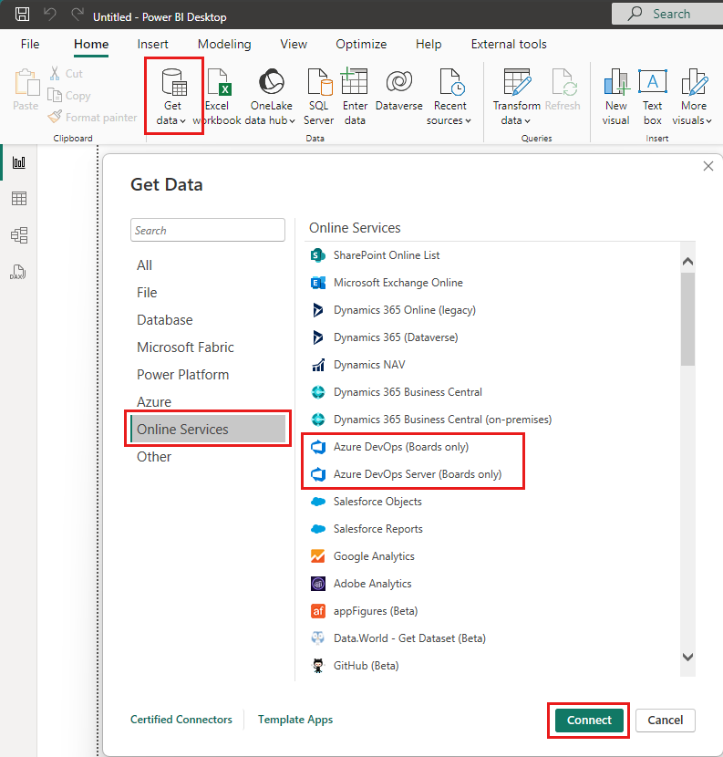 Screenshot di Power BI con Recupera dati, Online Services e i servizi Azure DevOps evidenziati.