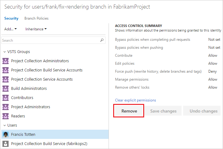 Screenshot che mostra l'opzione Remove branch permissions for a user in Azure DevOps (Rimuovi autorizzazioni ramo per un utente in Azure DevOps).
