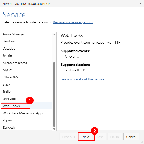 Selezionare web hook dall'elenco dei servizi