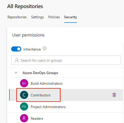 Screenshot che mostra la selezione del gruppo Collaboratori.