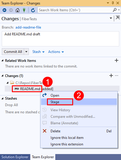 Screenshot dell'opzione Stage nel menu contestuale del file modificato in Team Explorer in Visual Studio 2019.