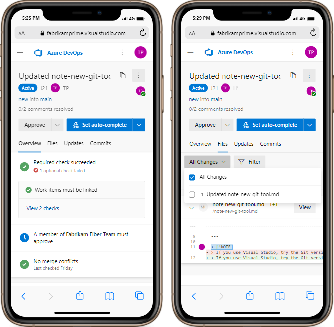 Schermata delle schermate di Azure Repos PR su un dispositivo mobile.