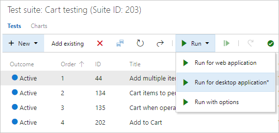 Avvio di un test con opzioni
