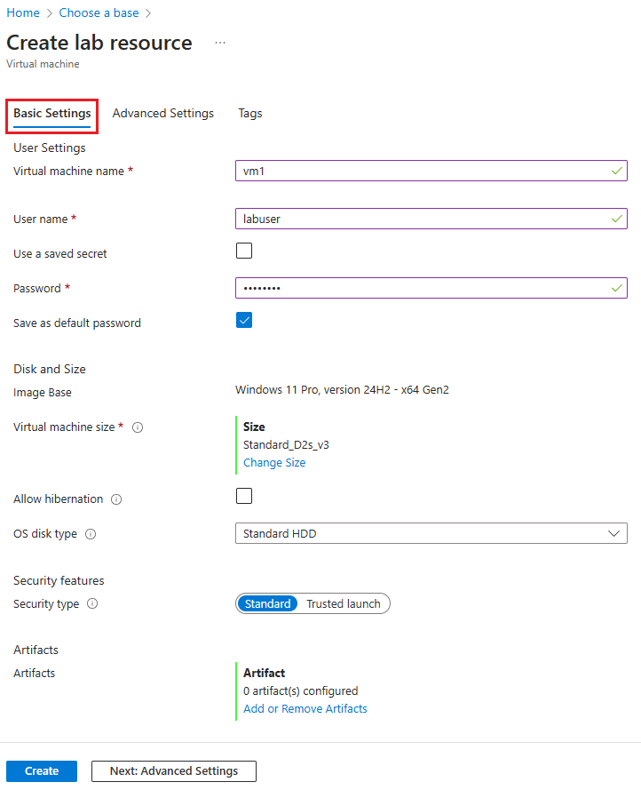 Screenshot che mostra la pagina Impostazioni di base della macchina virtuale.