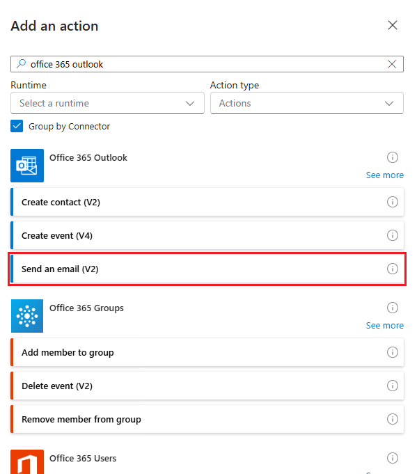 Screenshot che mostra l'opzione Invia un messaggio di e-mail V2.