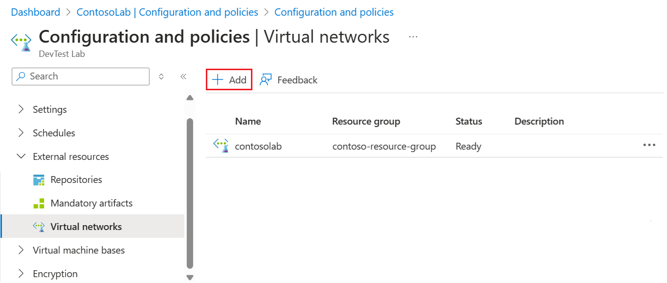 Screenshot che mostra come aggiungere una nuova rete virtuale per un lab nella portale di Azure.