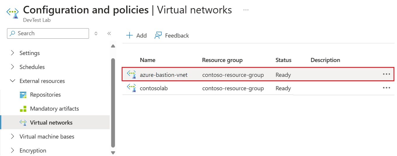 Screenshot che mostra come selezionare la rete virtuale aggiunta nella pagina Reti virtuali del lab quando la statua è pronta.