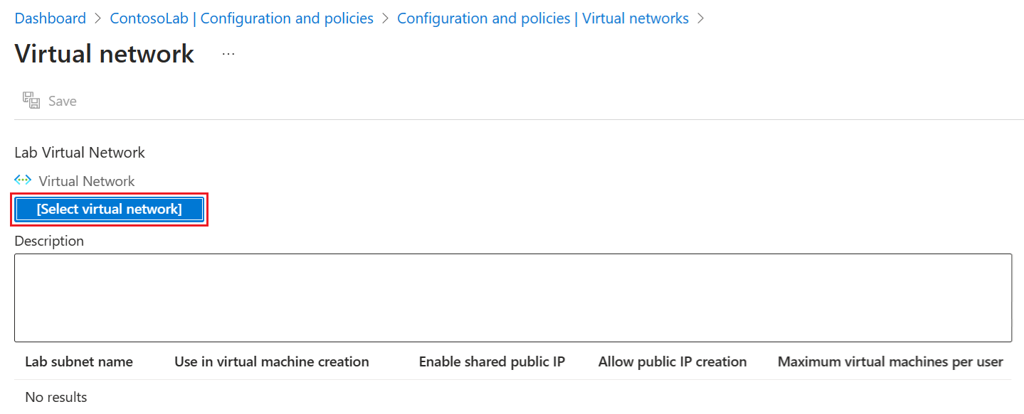 Screenshot che mostra come scegliere l'opzione Seleziona rete virtuale nella pagina Rete virtuale.