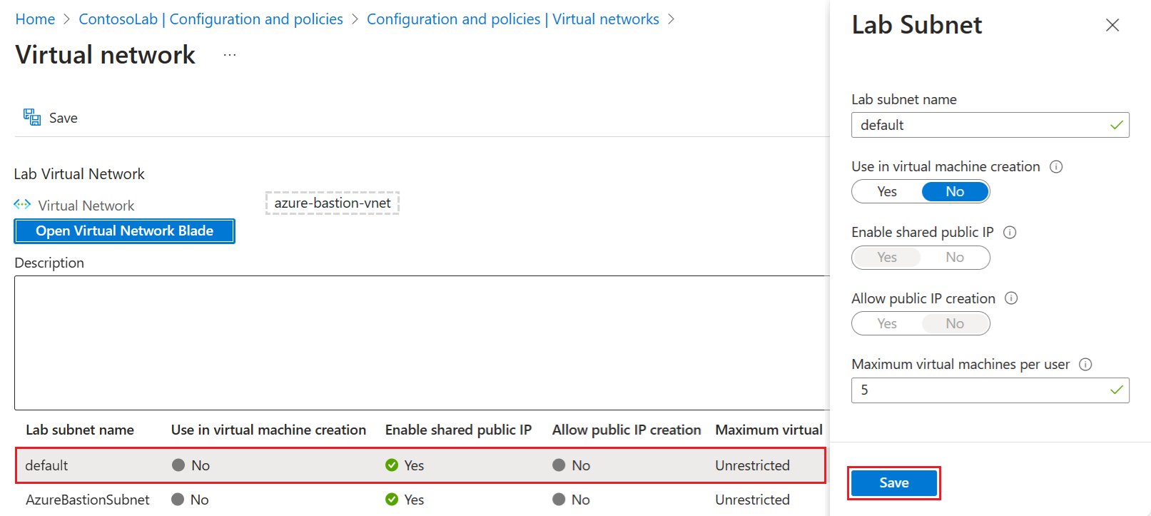 Screenshot che mostra come selezionare la subnet per la nuova rete virtuale per il lab.