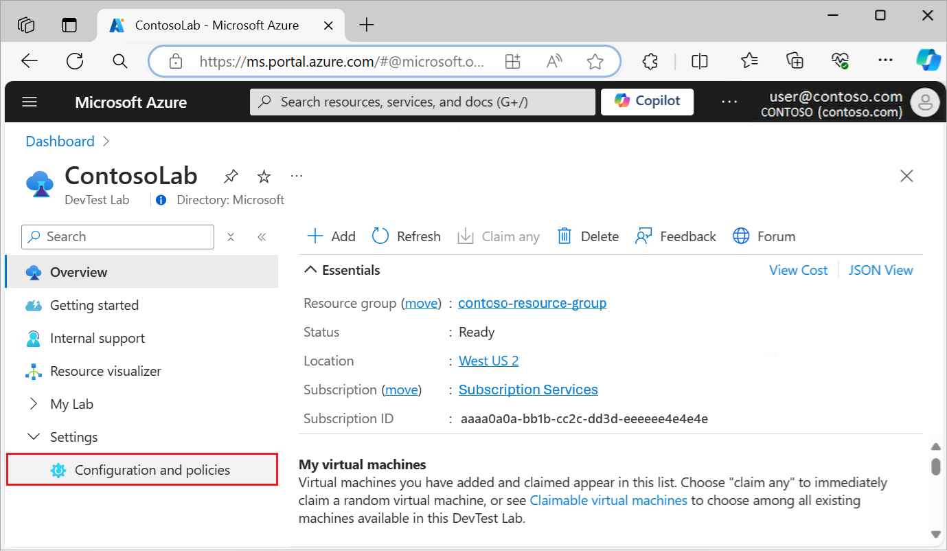Screenshot che mostra come selezionare l'opzione Configurazione e criteri per un lab nel portale di Azure.