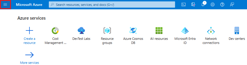 Screenshot che mostra la home page portale di Azure con l'icona a tre barre che apre il menu portale di Azure in alto a sinistra evidenziato.