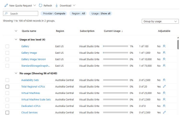 Screenshot che mostra la pagina Utilizzo e quote.