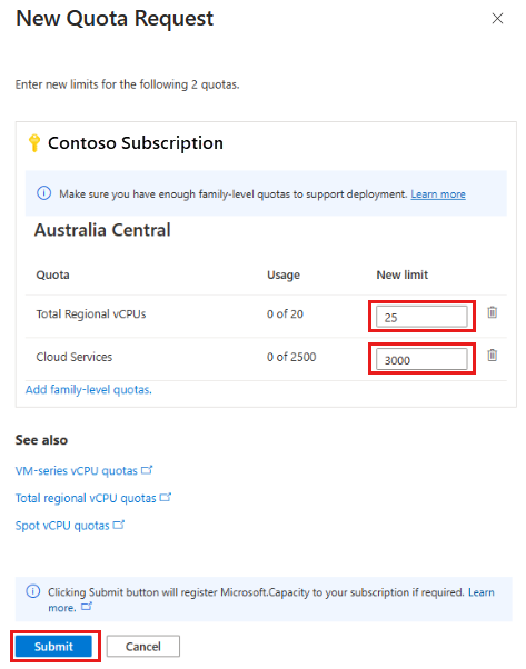 Screenshot che mostra la nuova richiesta di quota.