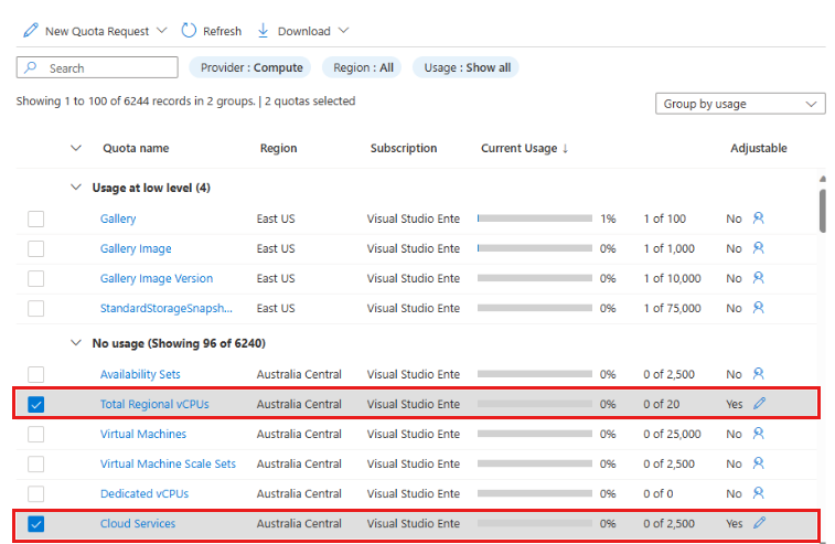 Screenshot che mostra l'utilizzo e le quote, con due quote selezionate.