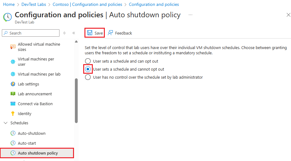Screenshot che mostra le opzioni dei criteri di autoshutdown.