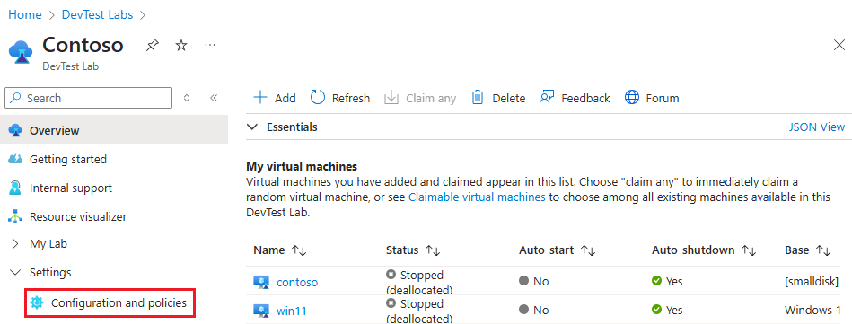 Screenshot che mostra il menu Configurazione e criteri per un laboratorio.