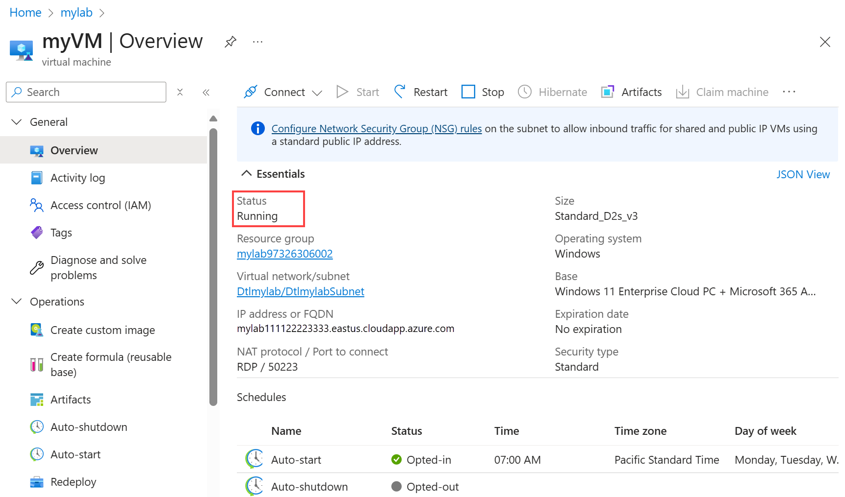 Screenshot che mostra come verificare che la macchina virtuale DevTest Labs sia in esecuzione.