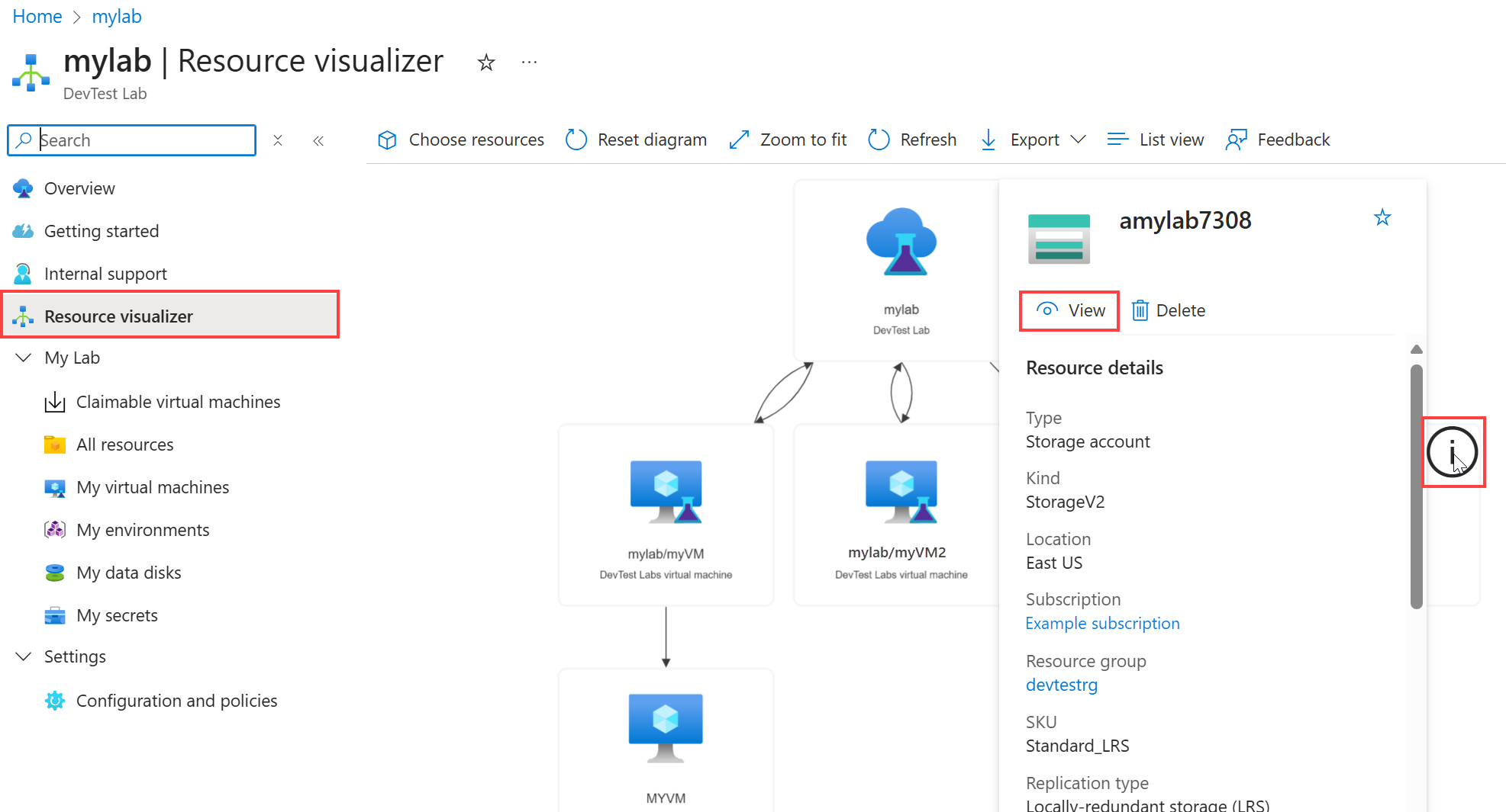 Screenshot che mostra come selezionare l'opzione Visualizza per l'account di archiviazione per una risorsa lab di DevTest Labs.