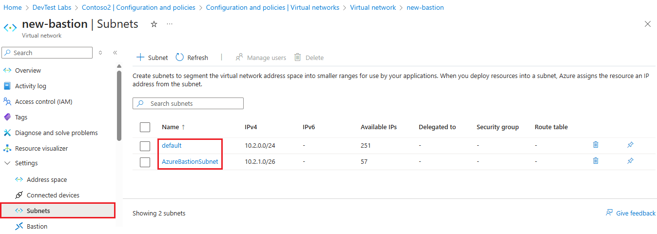 Screenshot che mostra due subnet nella rete virtuale Azure Bastion.