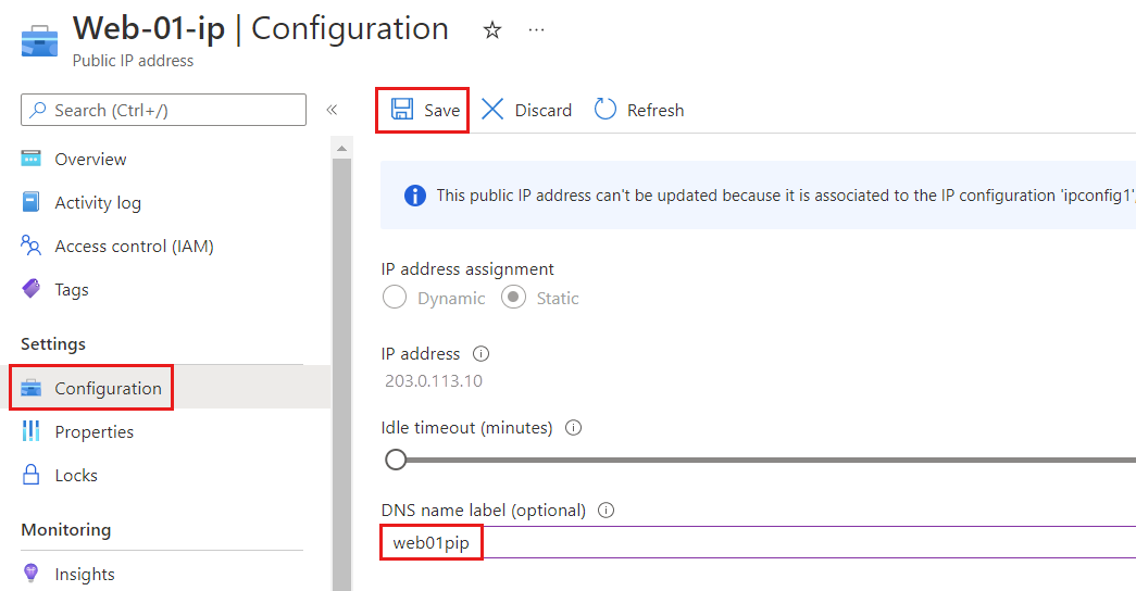 Screenshot della pagina di configurazione dell'indirizzo IP pubblico di Azure che mostra l'etichetta del nome DNS.