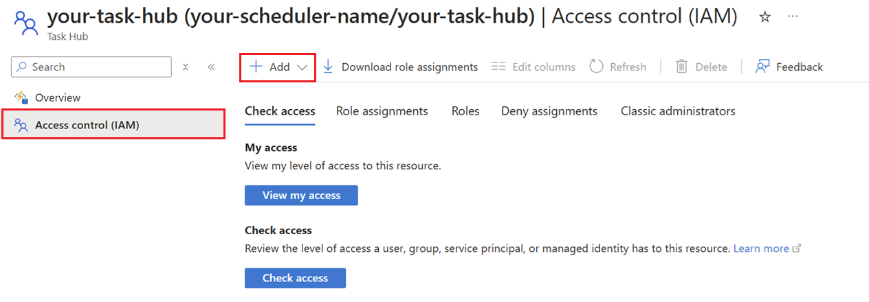 Screenshot dell'aggiunta dell'assegnazione di ruolo nel riquadro Access Control nel portale.