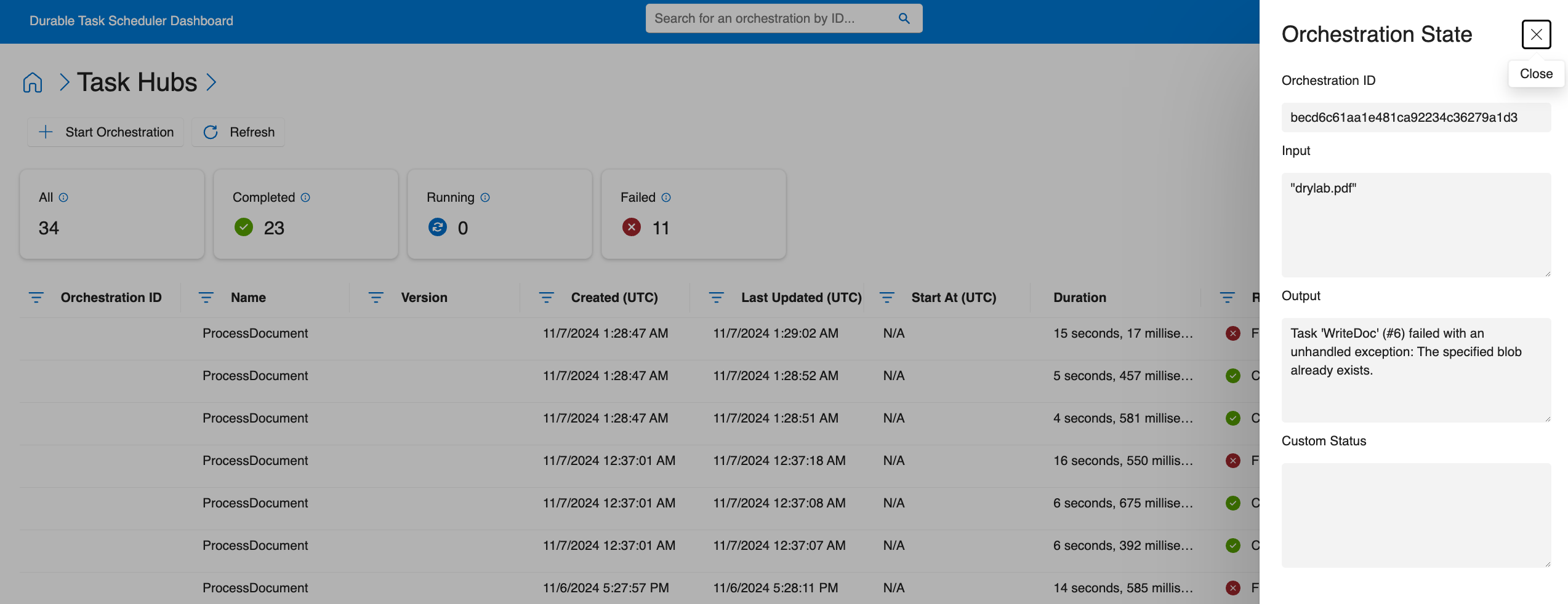 Screenshot del dashboard che mostra la storia dell'orchestrazione e gli input e output di stato.