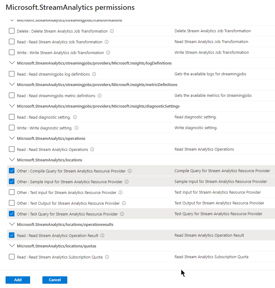 Screenshots che mostra la pagina delle autorizzazioni Microsoft.StreamAnalytics.