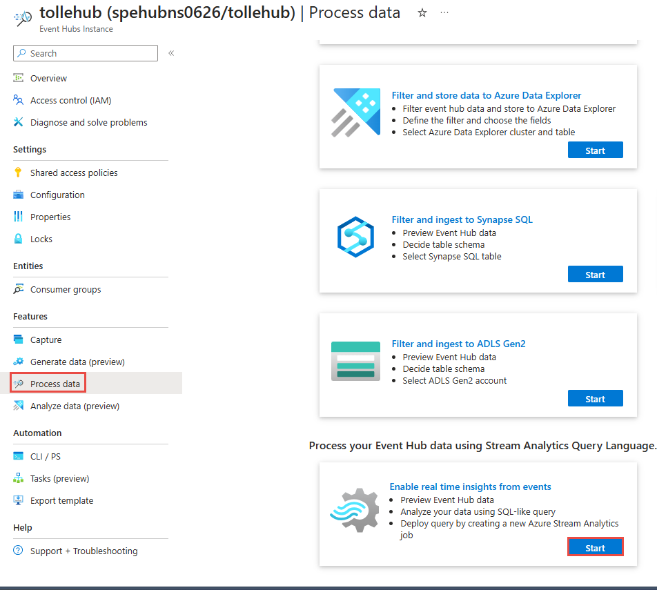Screenshot che mostra la pagina di elaborazione dati con il riquadro Abilitare informazioni dettagliate in tempo reale dal riquadro eventi selezionato.