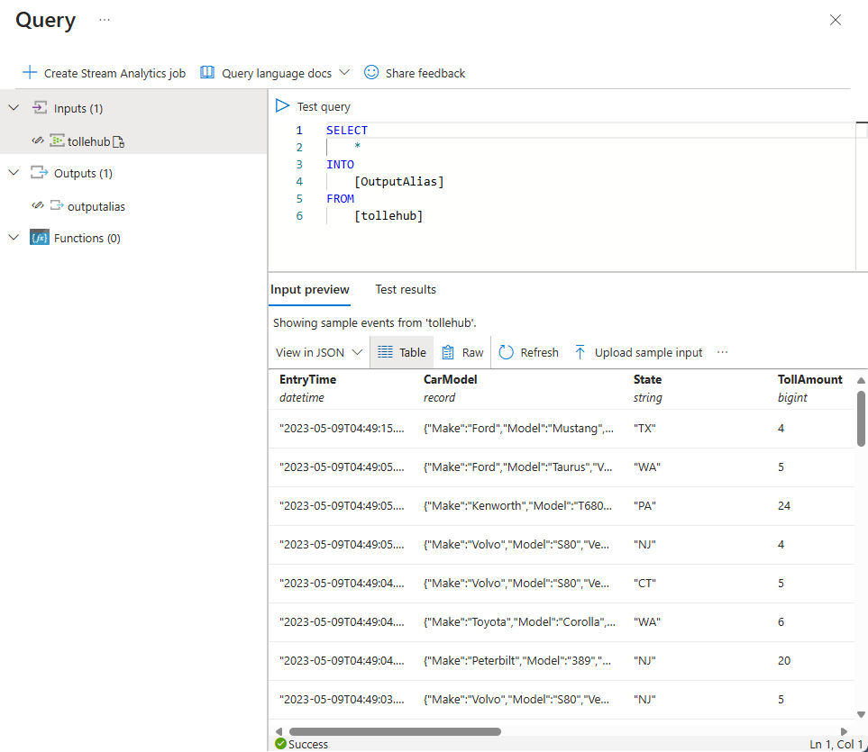 Screenshot che mostra l'editor di query per la query Analisi di flusso.