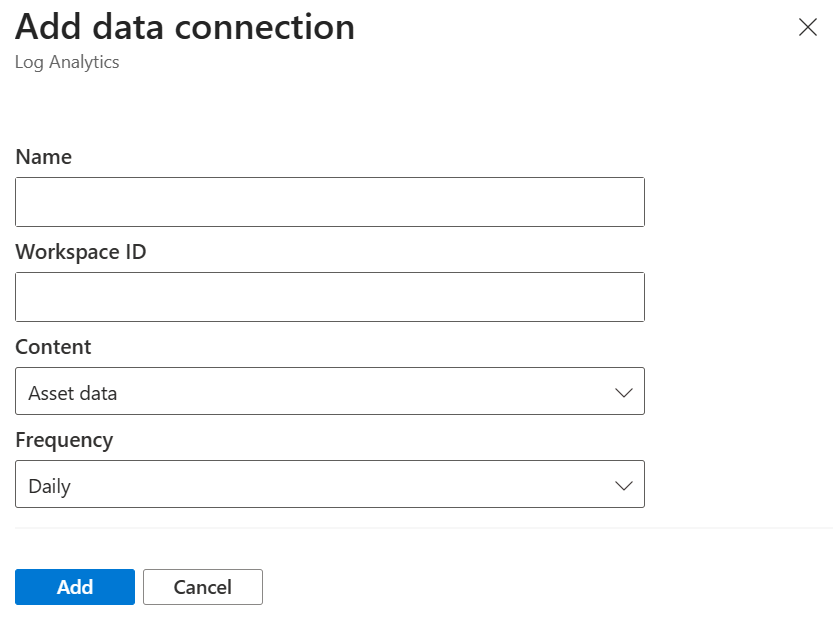 Screenshot che mostra la schermata Aggiungi connessione dati per Log Analytics.