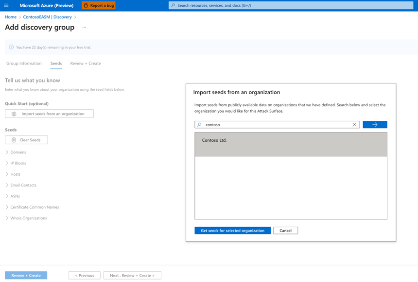Screenshot del pannello Importa seed da un'organizzazione per configurare l'individuazione automatica.