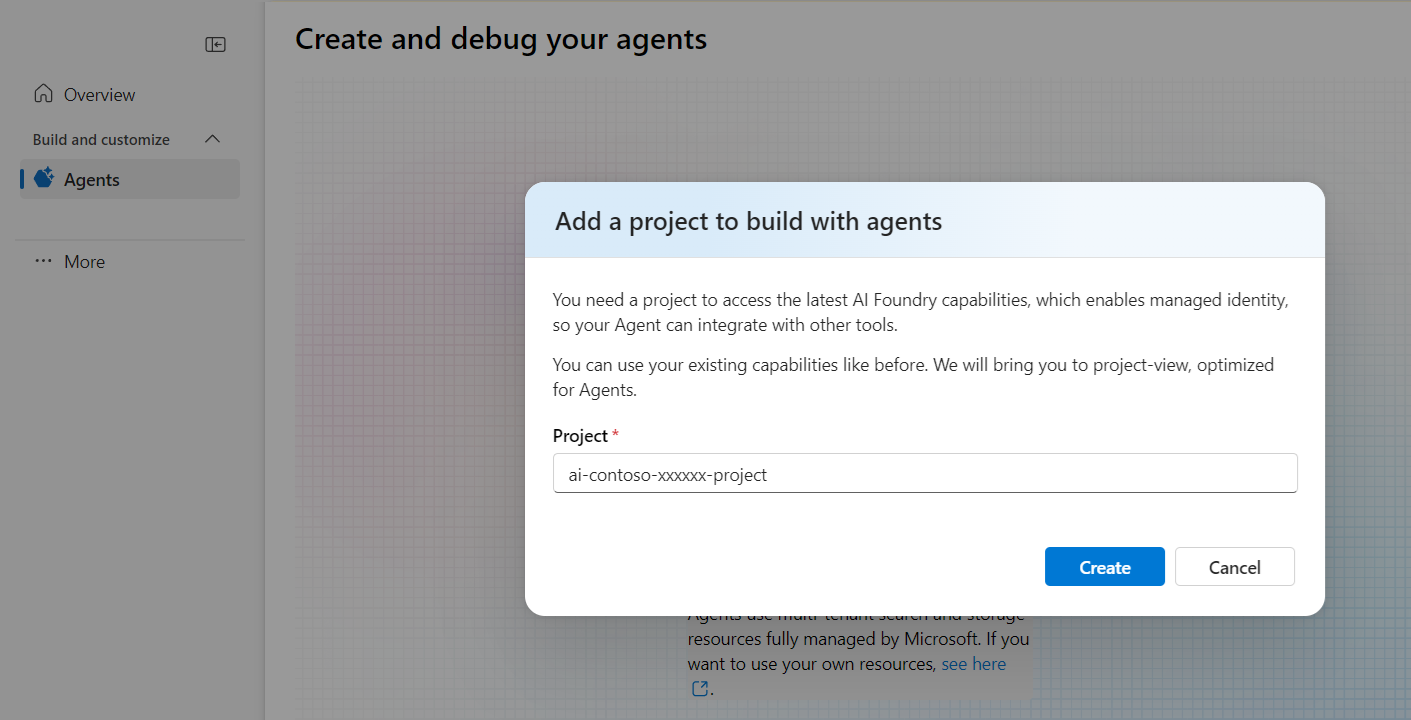 Screenshot della scheda Agenti che richiede di creare un nuovo progetto Foundry.
