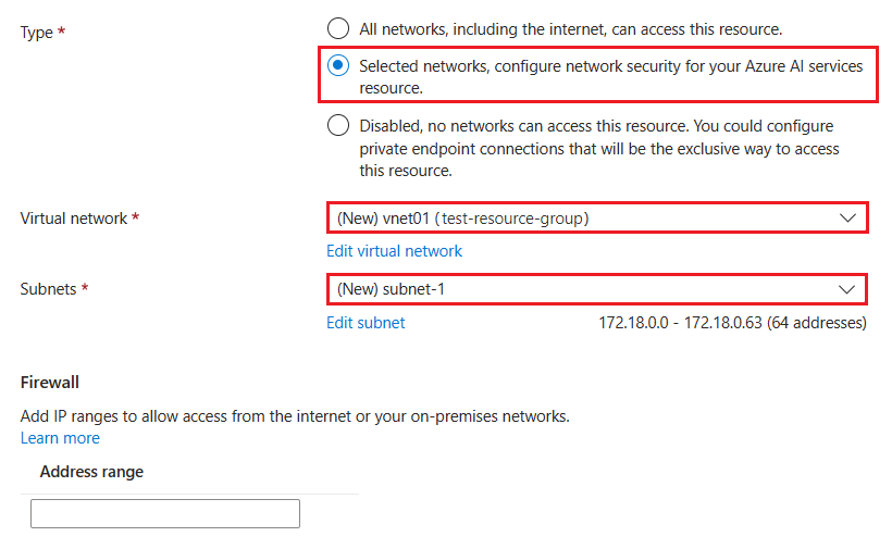 Screenshot che illustra come configurare la sicurezza di rete per una risorsa OpenAI Azure per consentire solo reti specifiche.