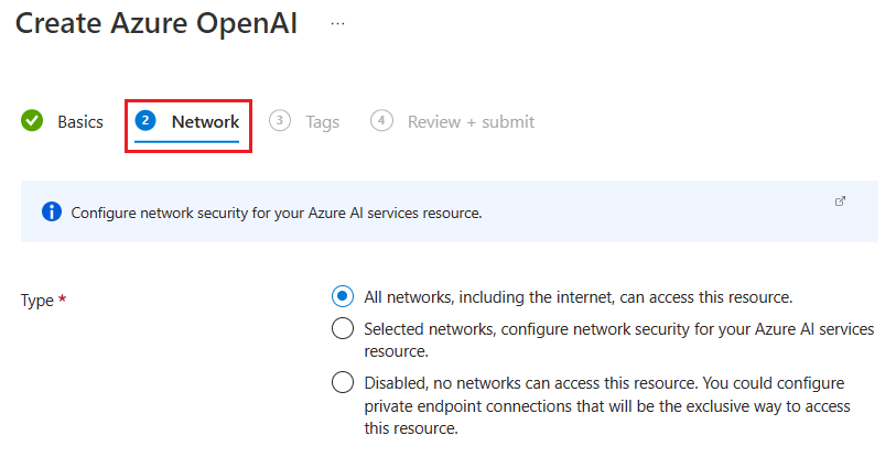 Screenshot che mostra le opzioni di sicurezza di rete per una risorsa OpenAI Azure nel Azure portal.